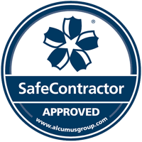 SafeContractor approved logo, symbolizing reliability and quality assurance for emergency drain services, relevant to Environ Drainage Services' commitment to maintaining stadium drainage systems.