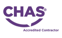CHAS Accredited Contractor logo emphasizing reliability and professionalism in emergency drainage services for stadiums.