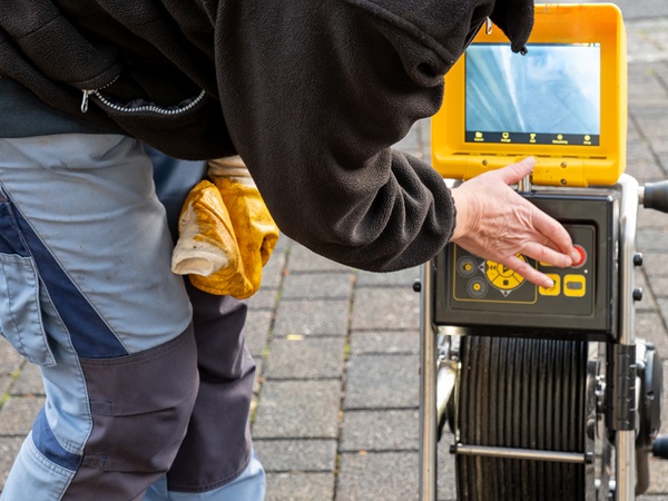 Technician operating CCTV drain survey equipment, featuring a monitor and control panel, highlighting professional drainage inspection services in London.